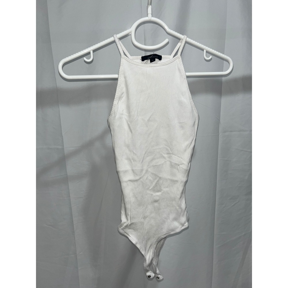 Ambiance Ribbed Halter Bodysuit White Sleeveless Cotton Stretch Basic Small